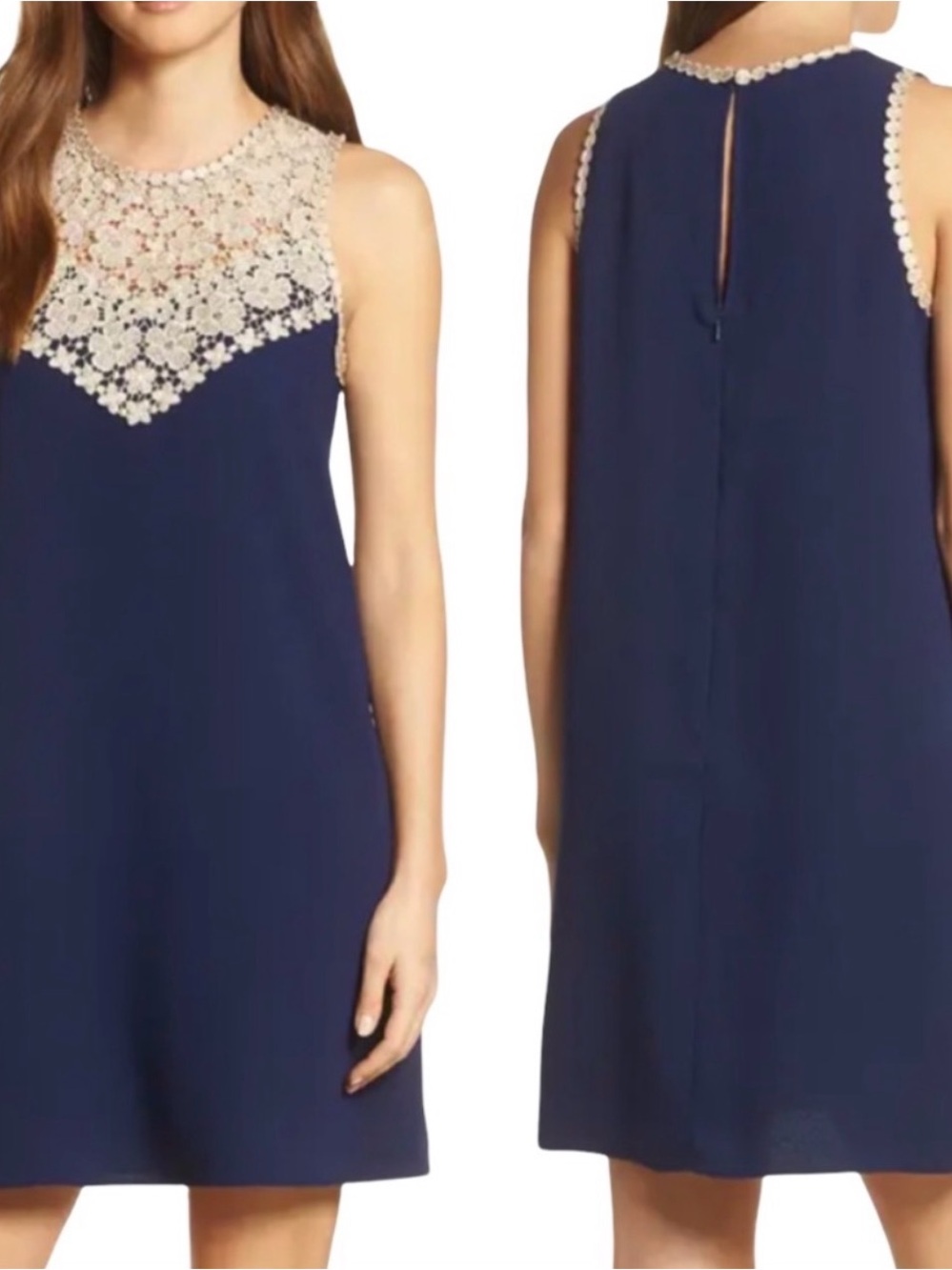 Lilly Pulitzer Naya Soft Gold Lace Trim Dress Navy